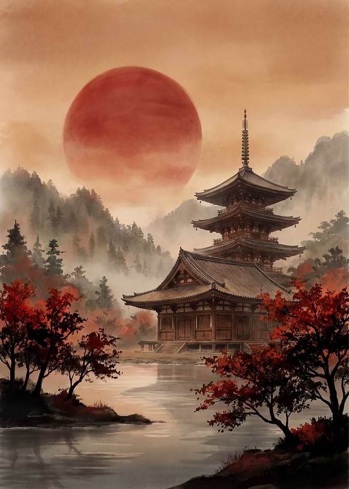 Japanese Landscape with Temple and Sun