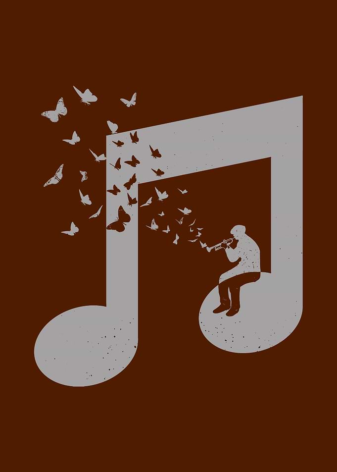 Musical Note with Trumpeter and Butterflies - Bugle Music