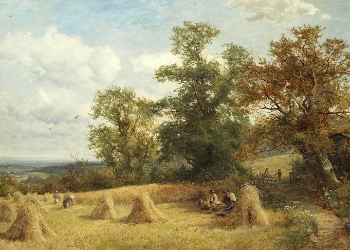 Harvest Scene with Farmers and Haystacks