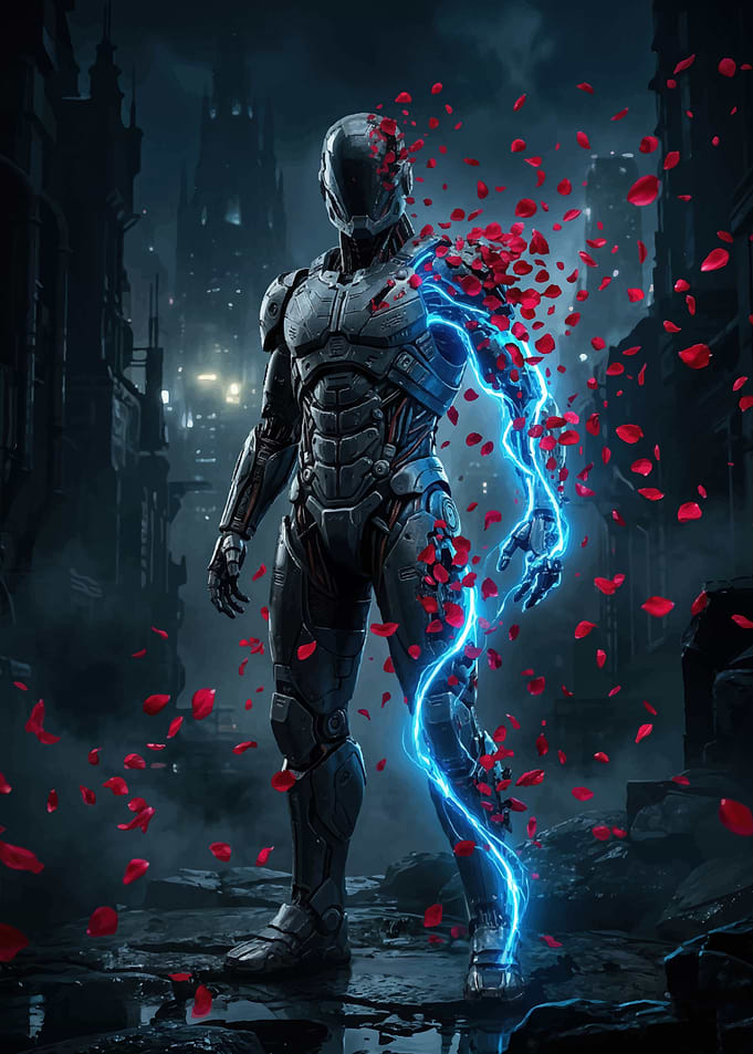 Robot with Red Petals and Blue Lightning
