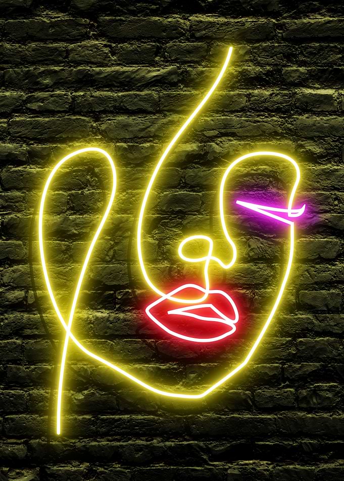 Beautiful Woman Neon Face Line Art on a dark Brick Wall Background
