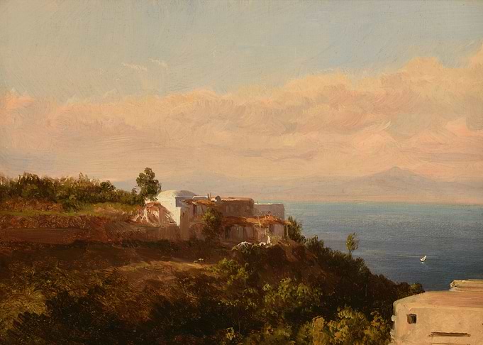 Coastal Village with Sea and Mountains