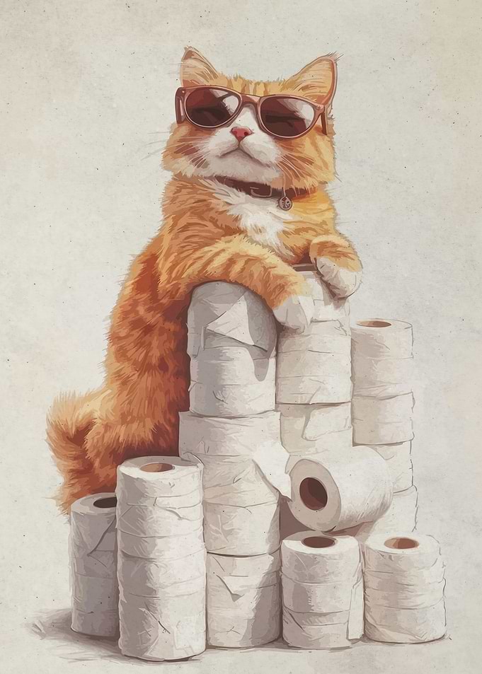 Cool Cat Posing with Toilet Paper Rolls