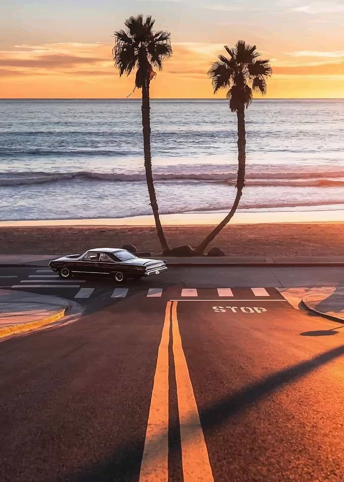 Classic Car on Beach Road at Sunset