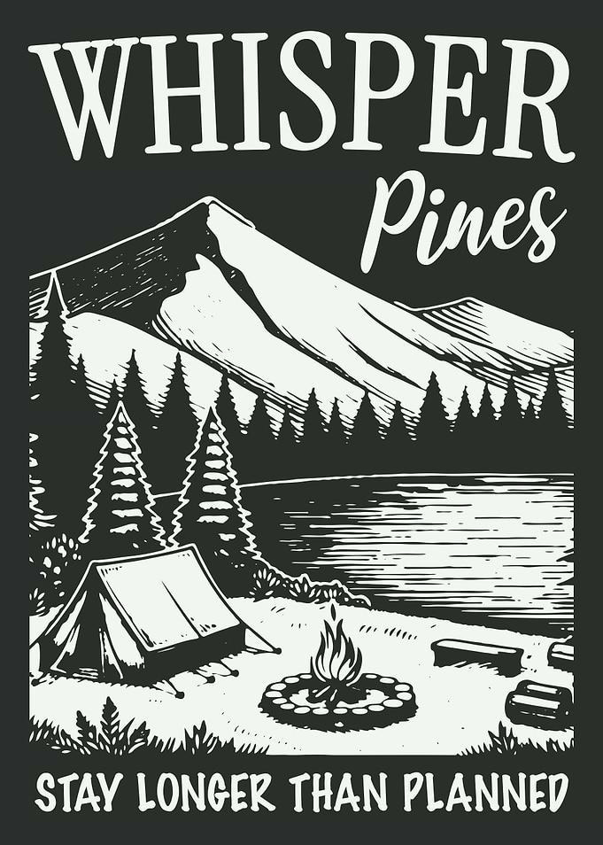 Whisper Pines Mountain Camping Poster – Vintage Forest Lake Campfire Scene