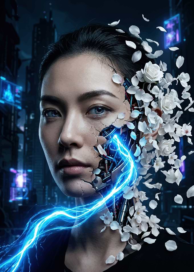 Cyberpunk Woman with Flowers and Lightning