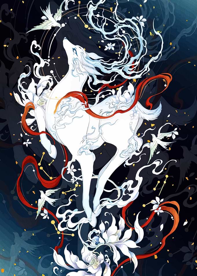 Mythical White Fox Spirit with Birds
