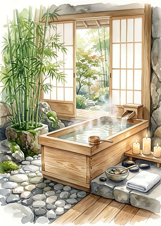 Japanese Zen Bathroom — Hinoki Bath Watercolor Print, Japandi Spa Wall Art, Calm Minimalist Home