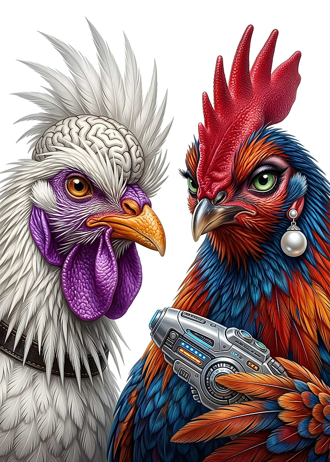 Cyberpunk Roosters with Brain and Weapon