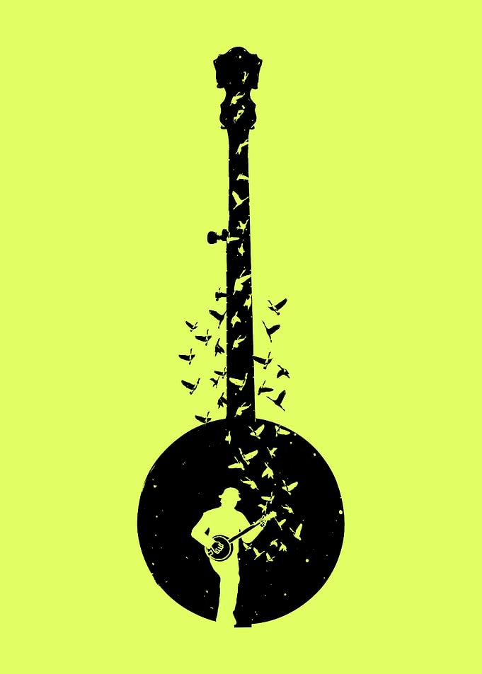 Banjo Player Silhouette with Birds