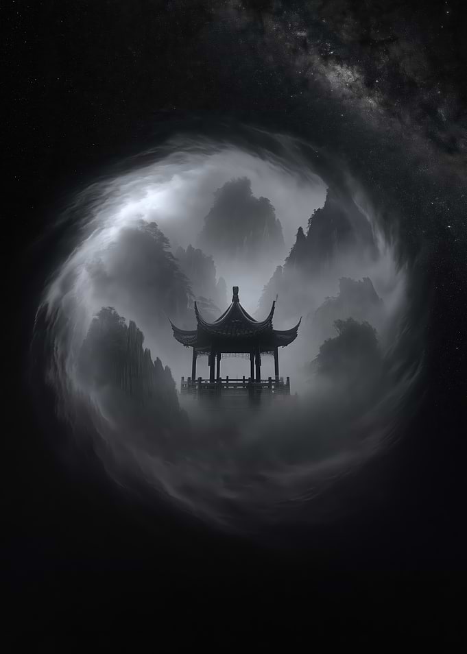 Mystical Asian Pagoda in Foggy Mountains