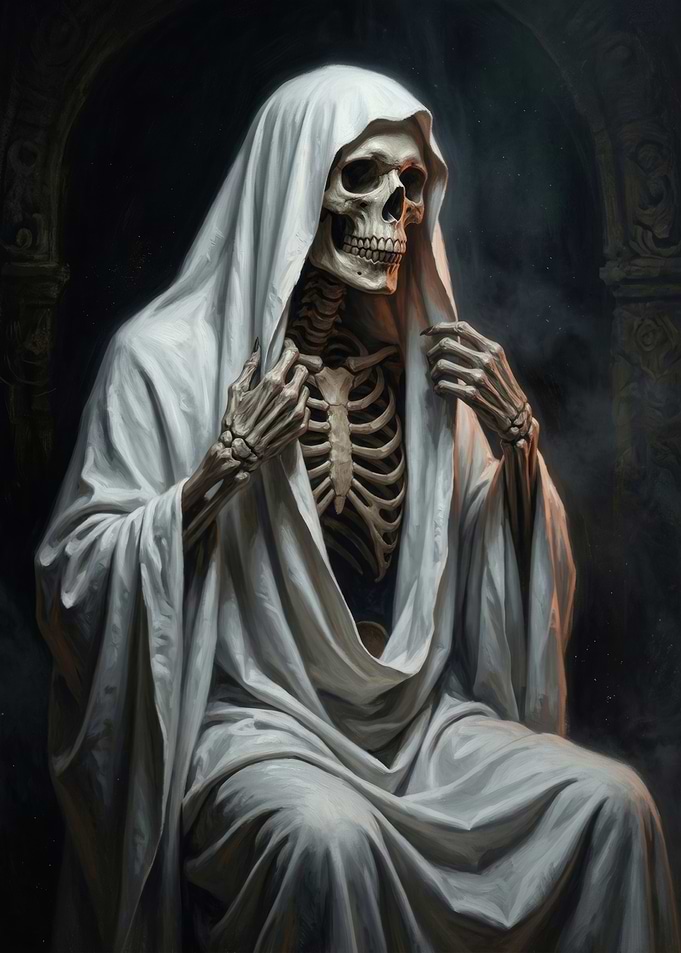 Skeleton Grim Reaper in White Robes