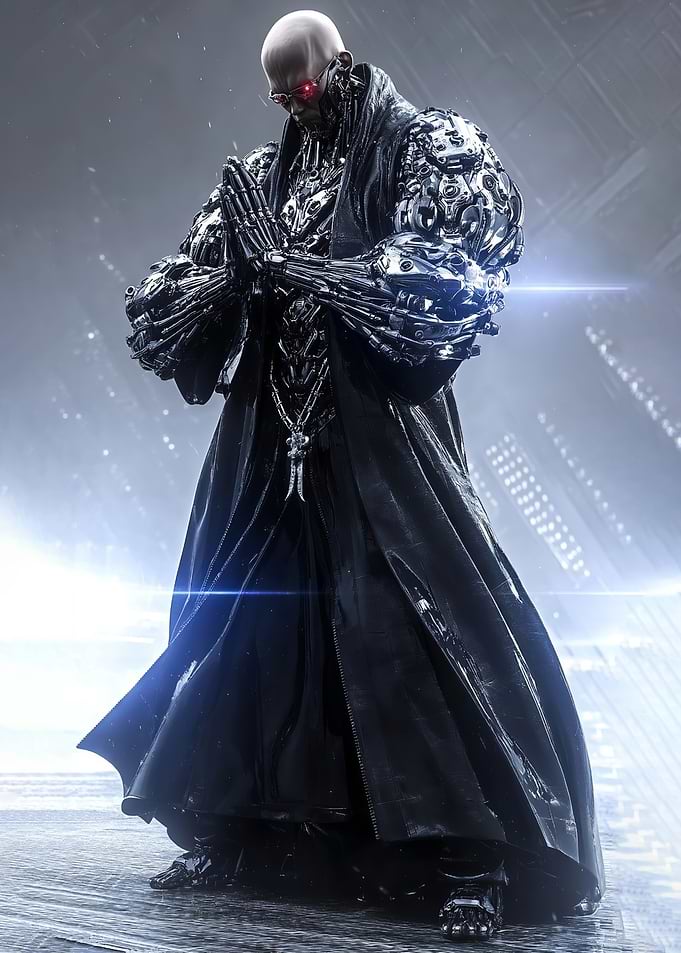 Cybernetic Monk in Futuristic City