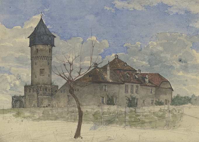 Watercolor painting of a castle with a tower