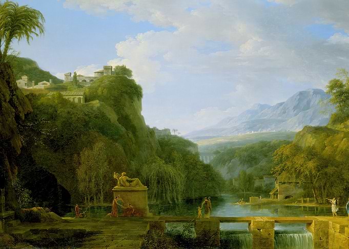 Idyllic Landscape with Figures and Waterfall