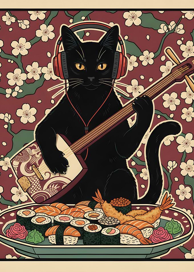 Black Cat Playing Shamisen with Sushi