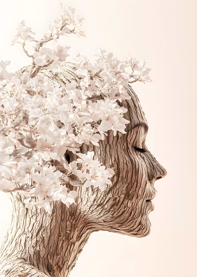 Woman's Face Made of Wood with Flowers