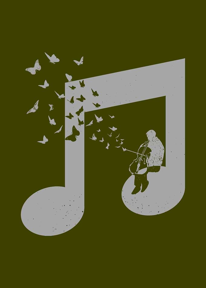 Cellist and Butterflies in Musical Note - Cello Music