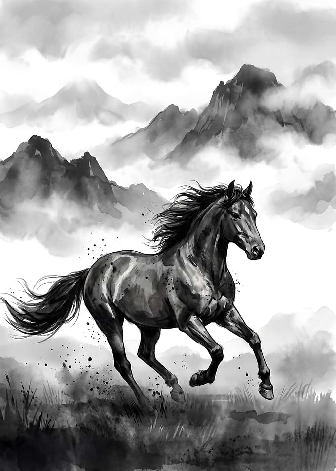 Ink Wash Horse Running Through Mountains