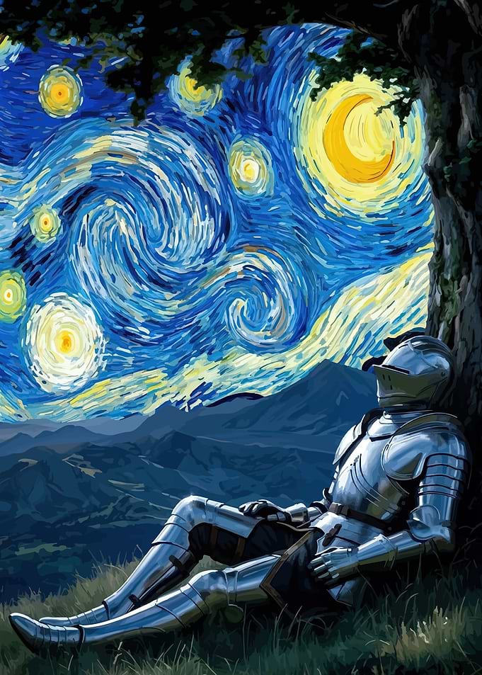 Knight Resting Under Starry Night Sky