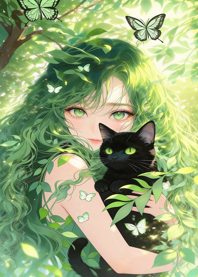 Nature Spirit with Black Cat and Butterflies