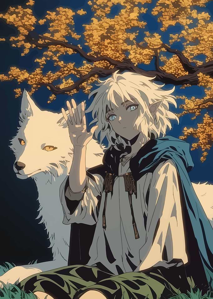 Anime Elf Boy with White Wolf