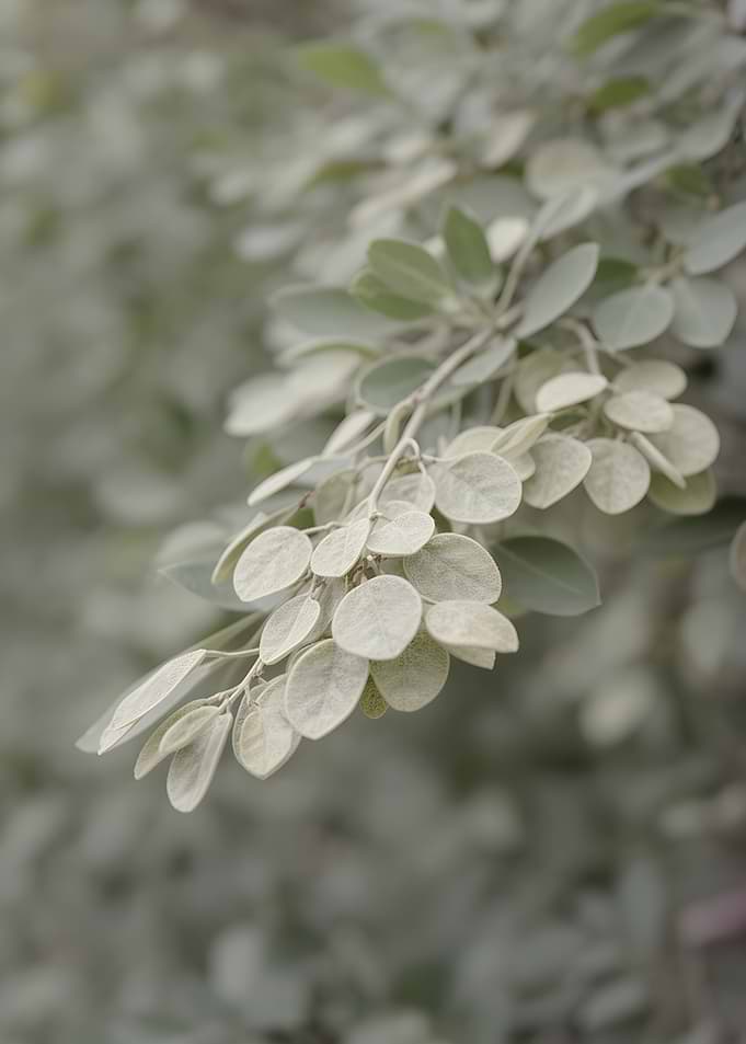Close-up of Dusty Green Leaves on a Branch