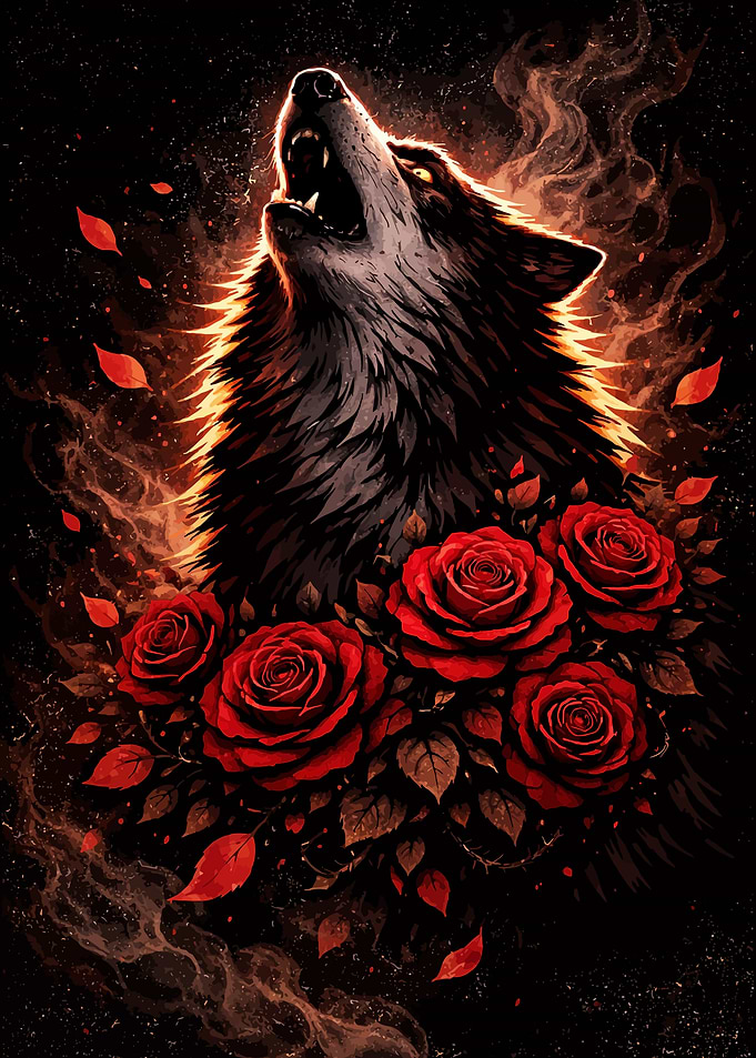 Wolf Howling with Red Roses