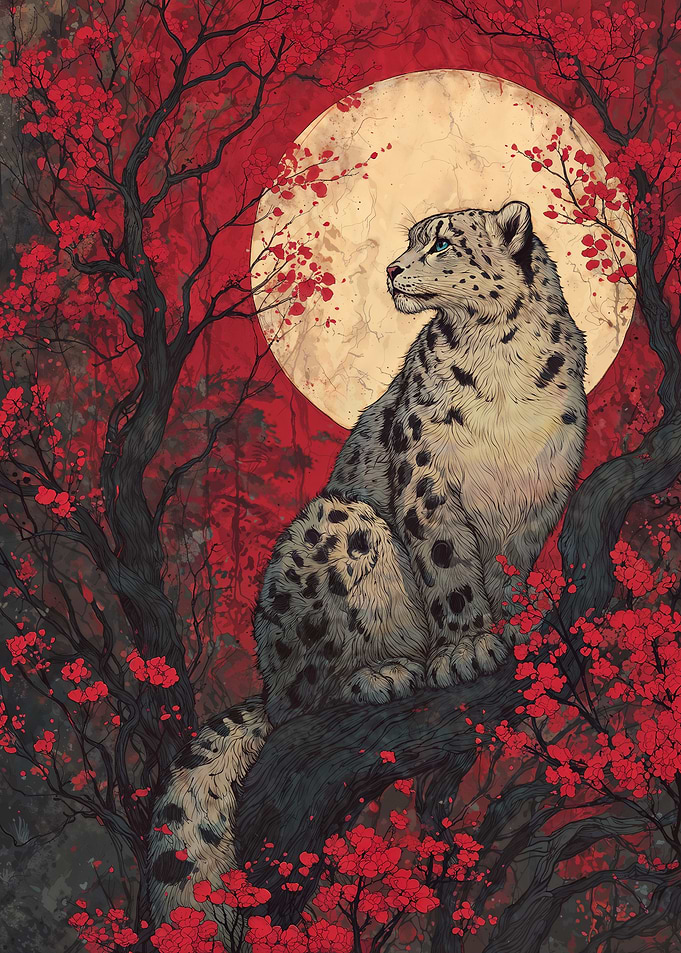 Snow Leopard Under Red Moon in Cherry Blossoms