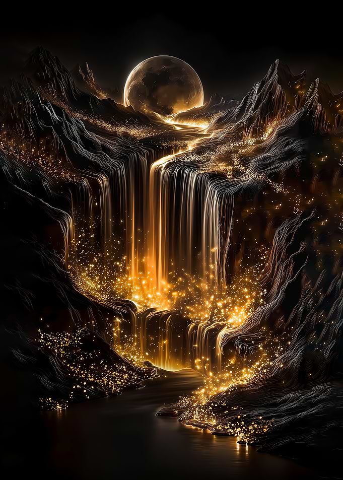 Magical Waterfall Under a Full Moon