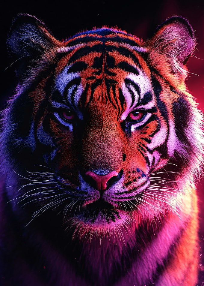 Close-up Tiger Portrait with Neon Lighting
