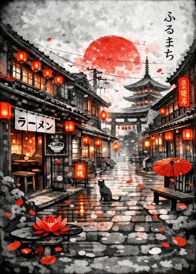 Japanese Street Scene with Cat