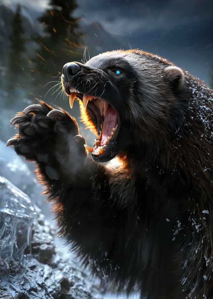 Fierce Wolverine Roaring in Snowy Landscape