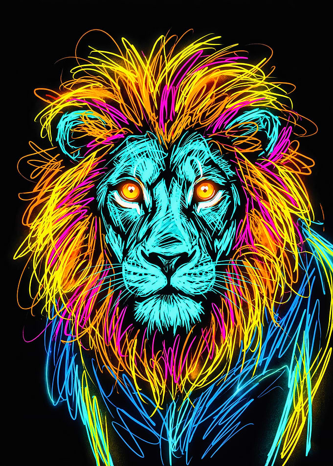 Vibrant Neon Lion Head Portrait