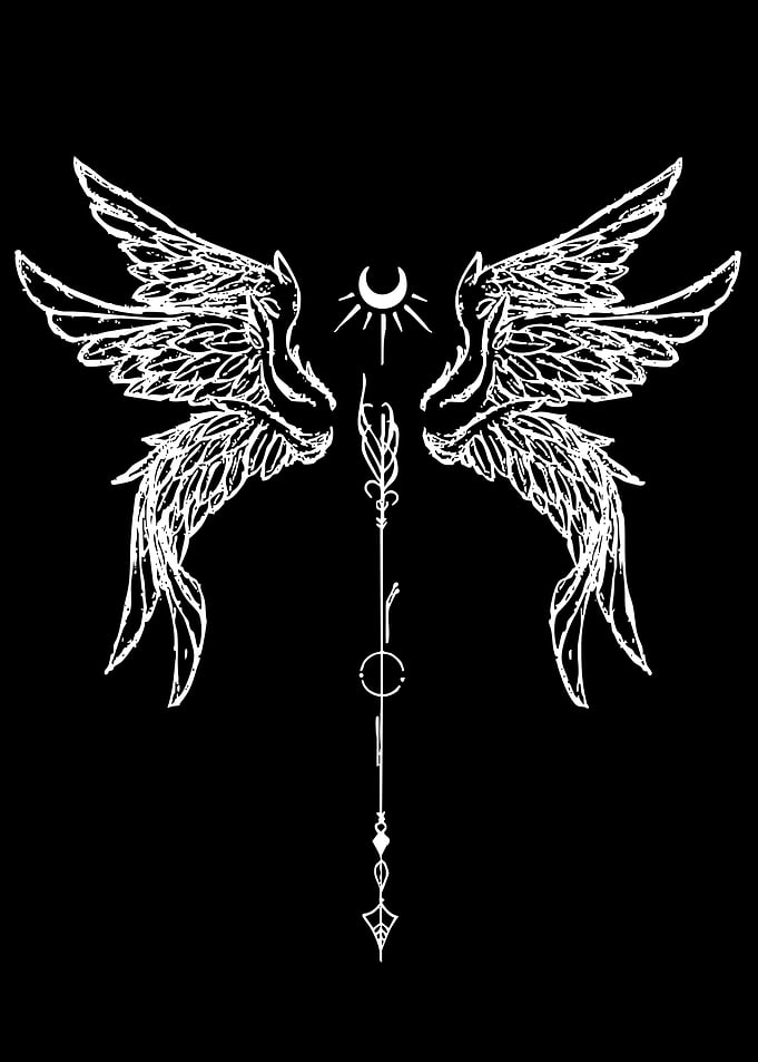 White Angel Wings with Crescent Moon and Staff