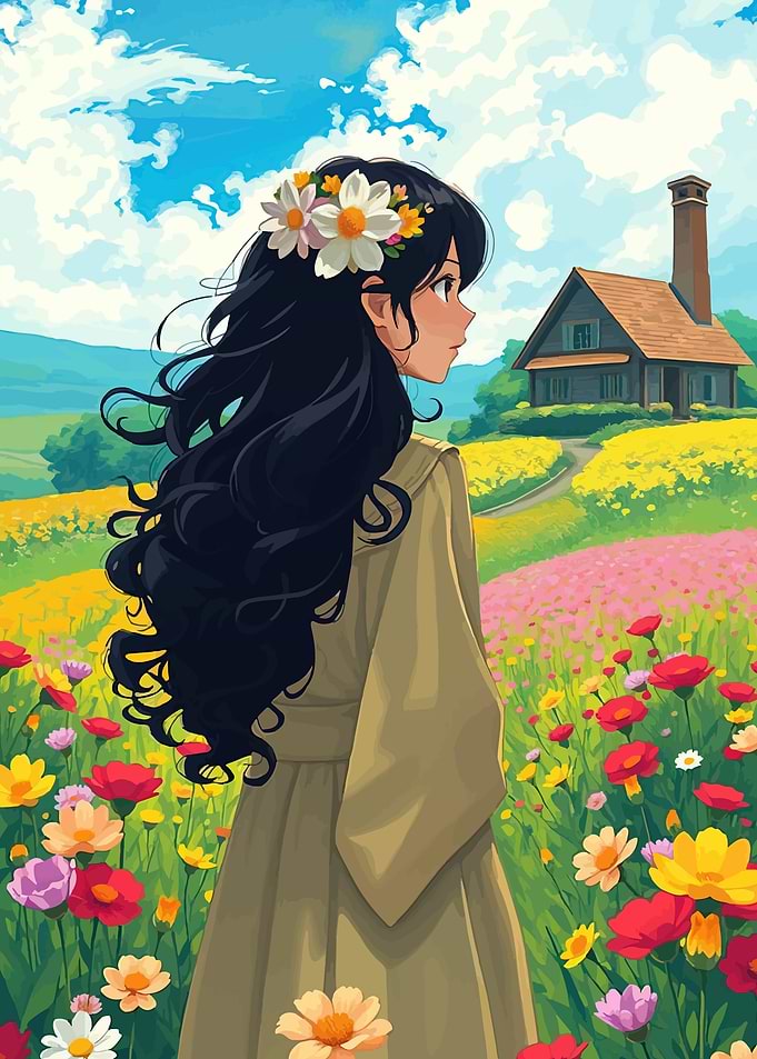 Anime Girl in Flower Field