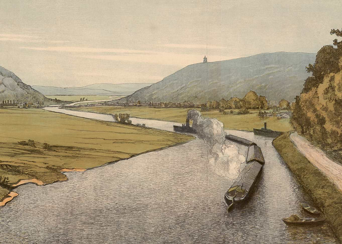 Canal scene with steamships and barges