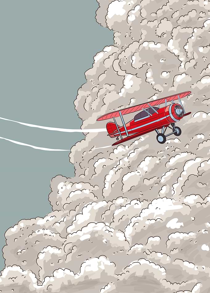 Red Biplane Flying Through Clouds