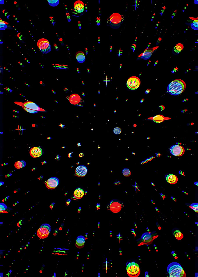 Psychedelic Space Scene with Planets and Smileys