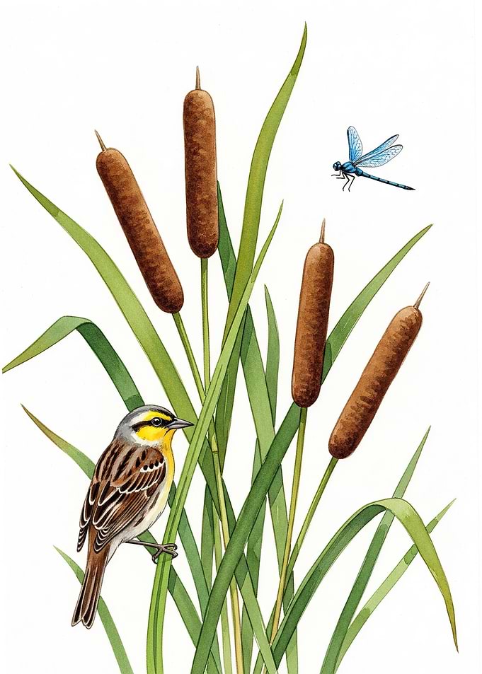 Bird and Dragonfly by Cattails