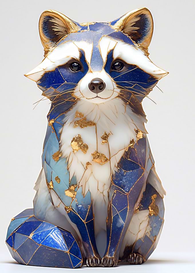 Geometric Raccoon Sculpture with Gold Accents