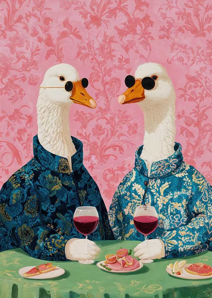 Dapper Geese Enjoying Wine and Appetizers