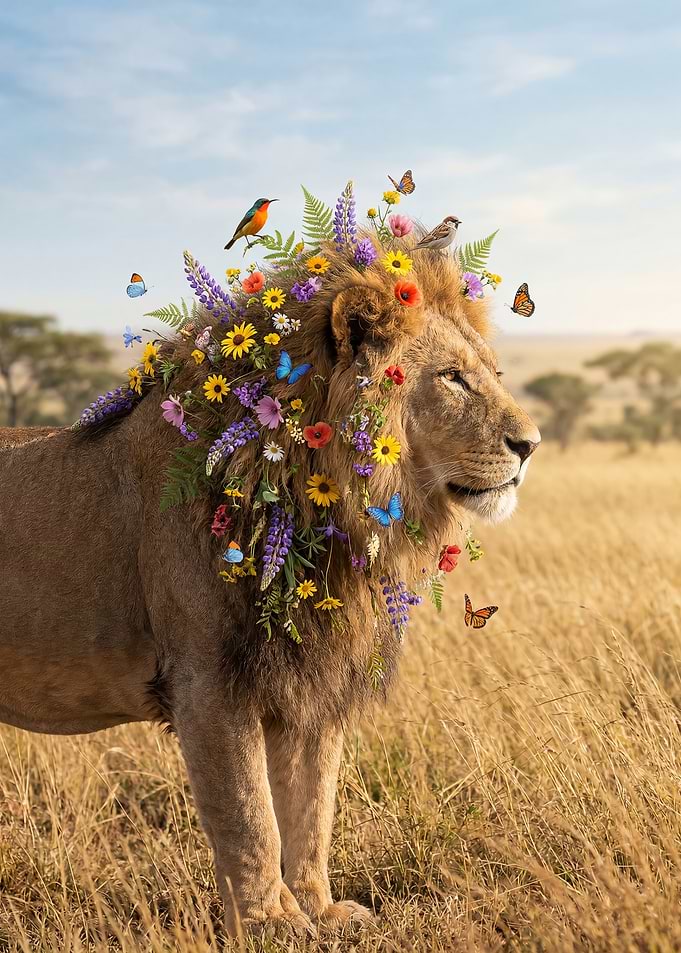 Lion adorned with flowers and butterflies