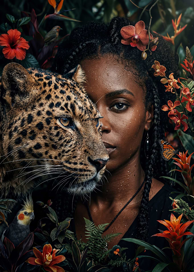 Woman and Leopard in Jungle