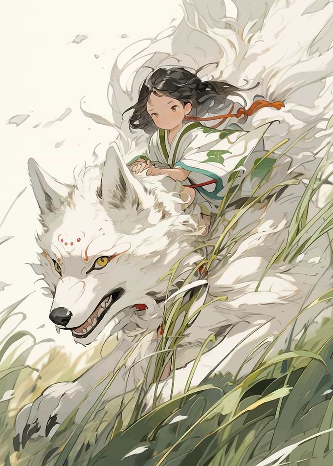 Girl Riding a White Wolf