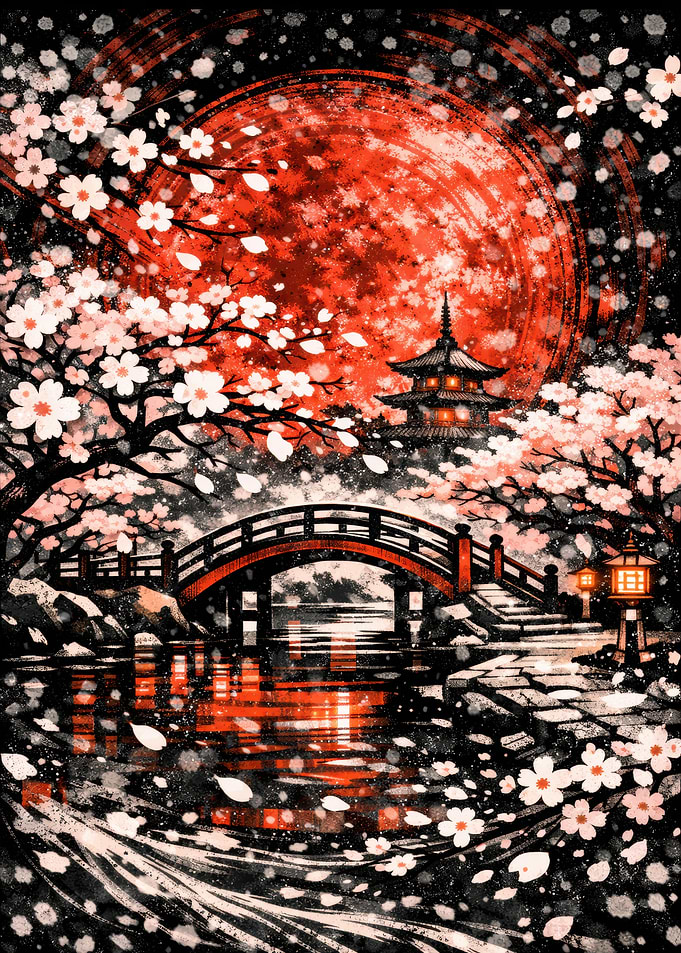 Japanese Garden with Cherry Blossoms and Pagoda