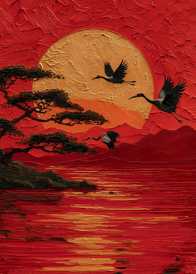Cranes Flying Over Red Water