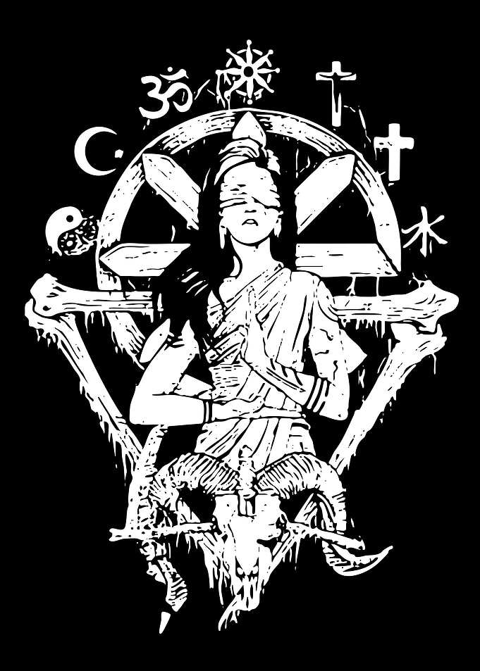 Blindfolded figure with religious symbols
