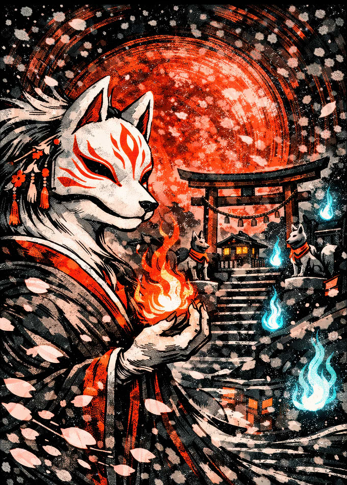 Kitsune Spirit with Fire and Shrine