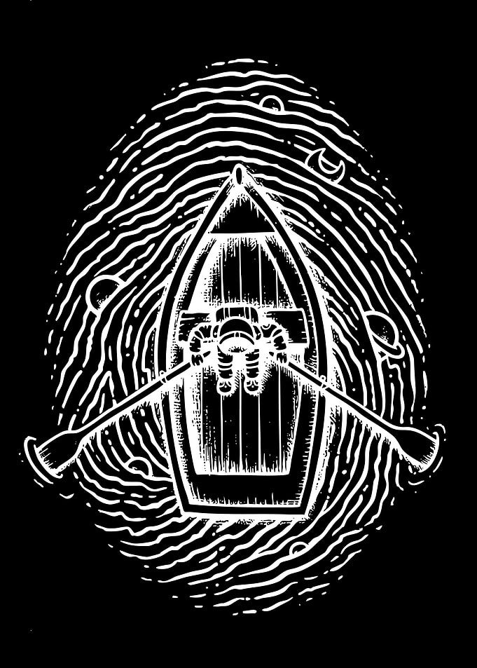 Astronaut rowing a boat in a fingerprint